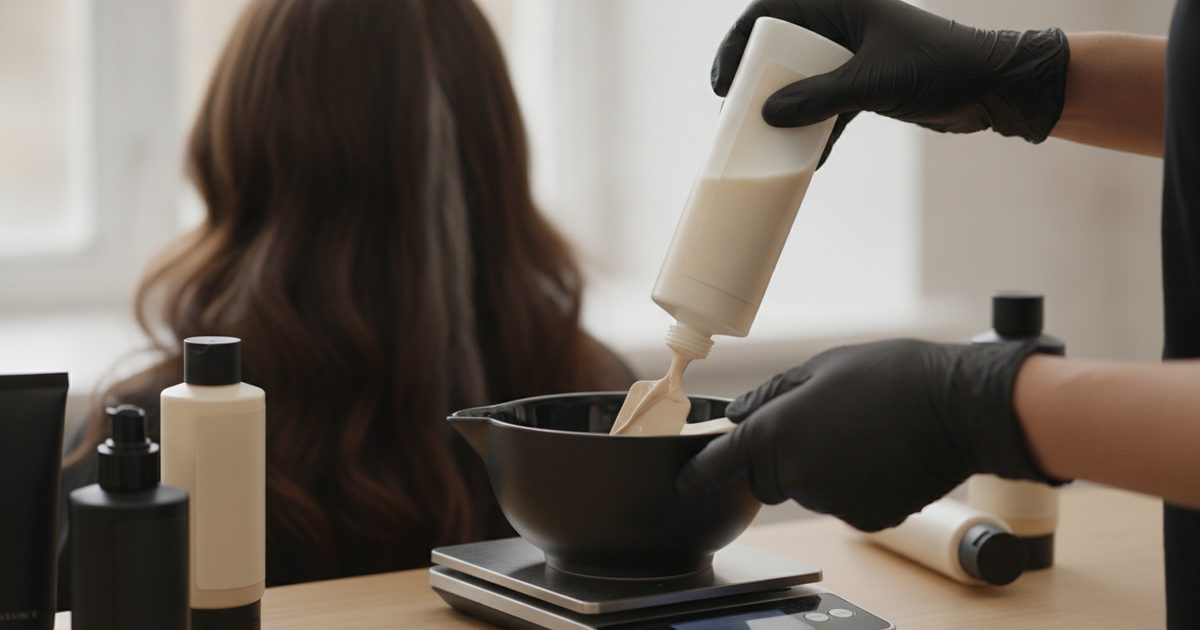 20 volume developer being mixed in a salon bowl