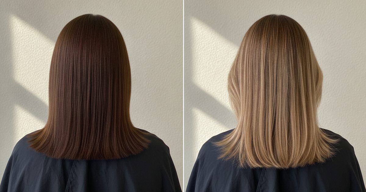 Before and after: medium brown hair at level 4, then hand-painted balayage reaching level 7 on the ends