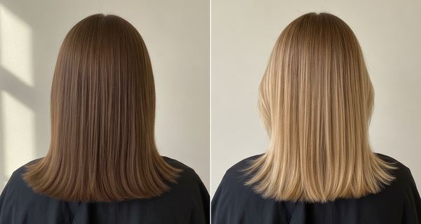 Before and after: light brown hair at level 5, then hand-painted balayage reaching level 8 on the ends