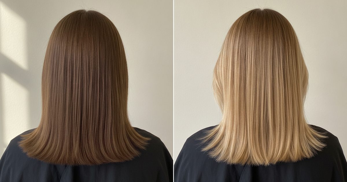 Before and after: light brown hair at level 5, then hand-painted balayage reaching level 8 on the ends