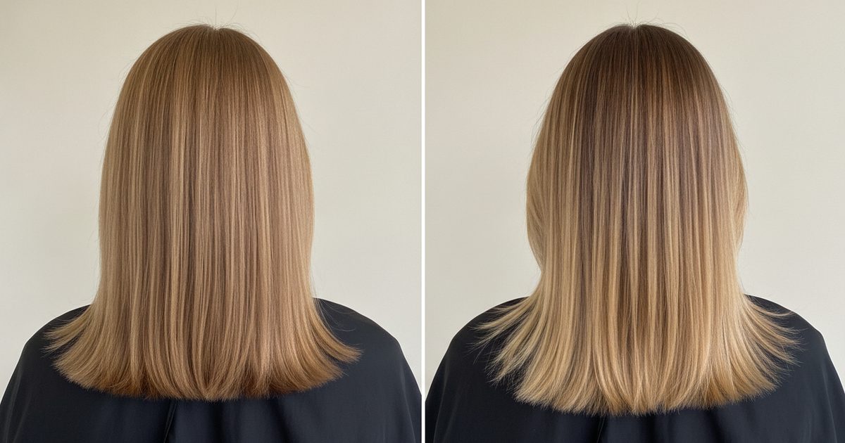 Before and after: dark blonde hair at level 6, then hand-painted balayage reaching level 8 on the ends