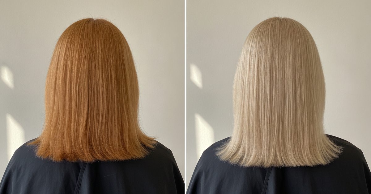 Before and after: bleached hair that stalled at orange, then corrected to an even level 8, light blonde