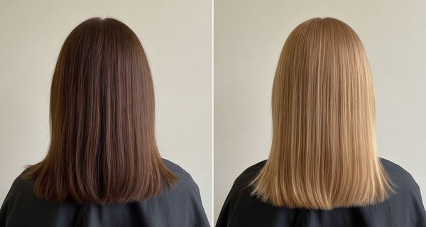 Before and after: medium brown hair at level 4, then colored to level 7, medium blonde