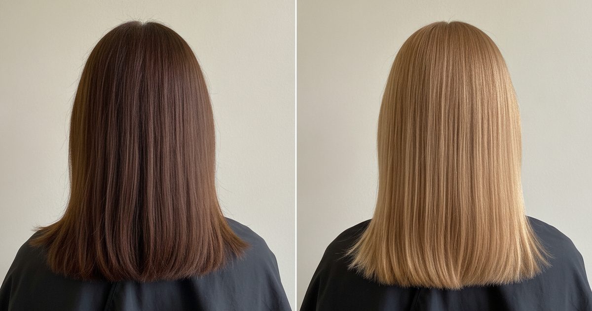 Before and after: medium brown hair at level 4, then colored to level 7, medium blonde