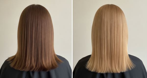 Before and after: light brown hair at level 5, then colored to level 7, medium blonde