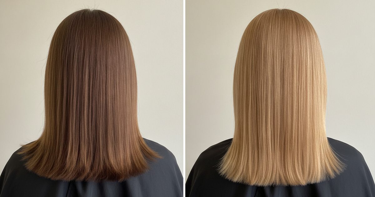Before and after: light brown hair at level 5, then colored to level 7, medium blonde