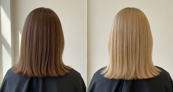 Before and after: light brown hair at level 5, then colored to level 8, light blonde