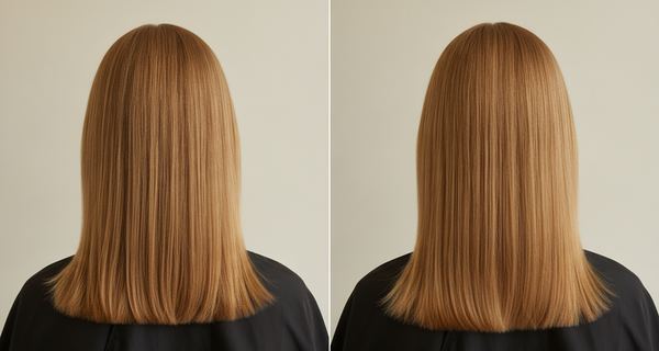 Before and after: dark blonde hair at level 6, then colored to level 7, medium blonde