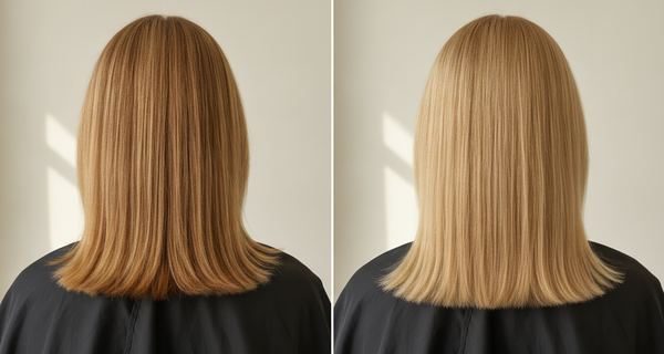 Before and after: dark blonde hair at level 6, then colored to level 8, light blonde