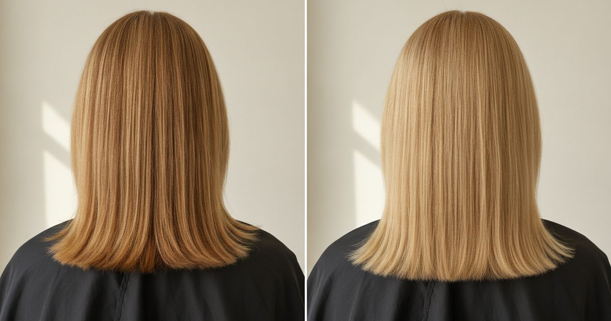 Before and after: dark blonde hair at level 6, then colored to level 8, light blonde