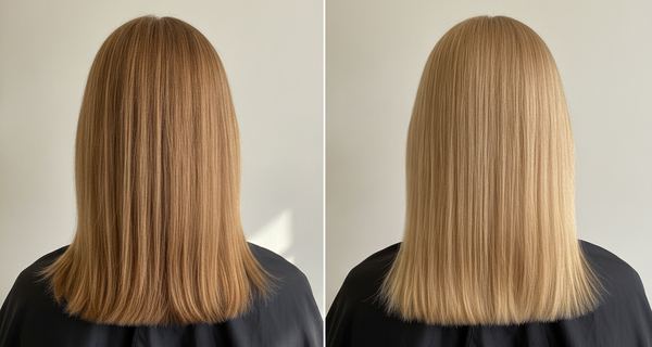 Before and after: medium blonde hair at level 7, then colored to level 8, light blonde