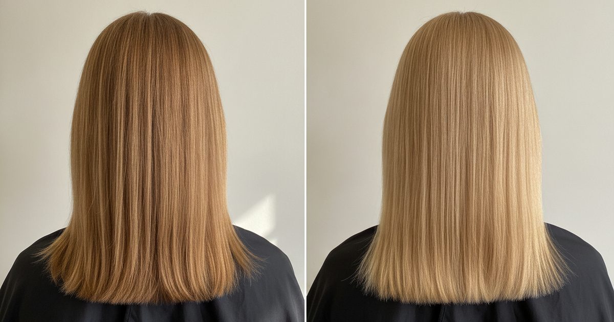 Before and after: medium blonde hair at level 7, then colored to level 8, light blonde