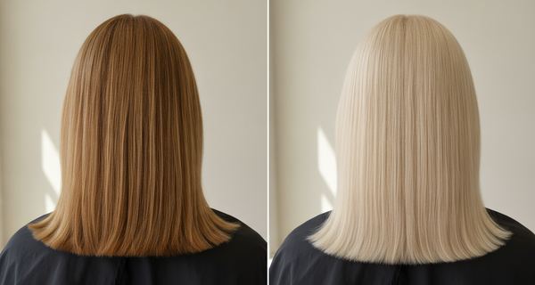 Before and after: medium blonde hair at level 7, then colored to level 9, very light blonde
