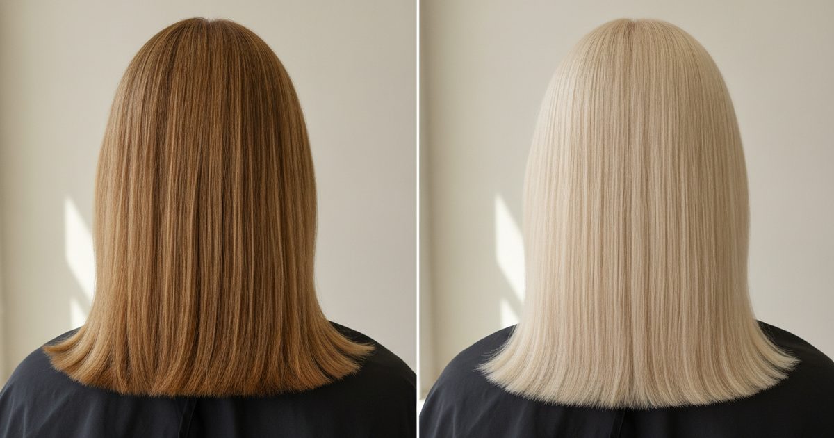 Before and after: medium blonde hair at level 7, then colored to level 9, very light blonde