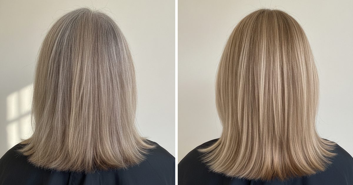 Before and after: about 40 percent white regrowth in medium blonde hair, then the white covered, one even level 7