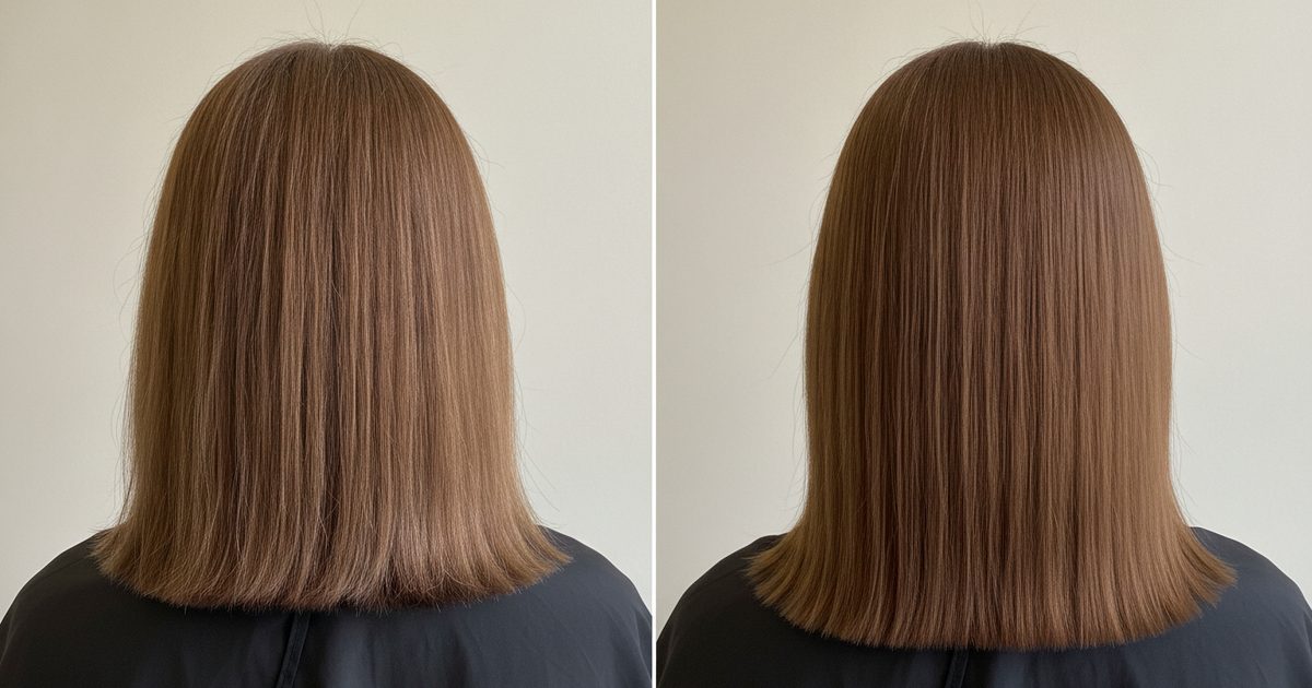 Before and after: about 50 percent white regrowth in light brown hair, then the white covered, one even level 5