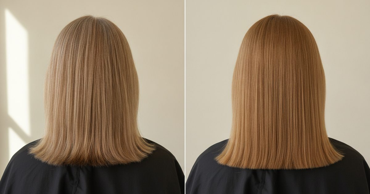 Before and after: about 30 percent white regrowth in dark blonde hair, then the white covered, one even level 6