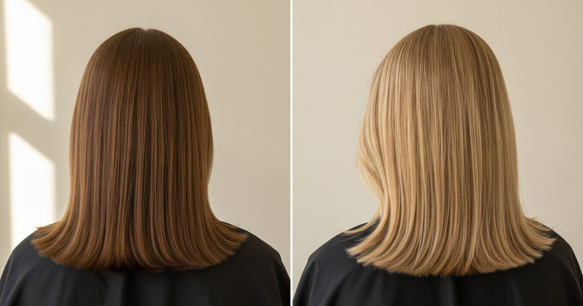 Before and after: light brown hair at level 5, then foil highlights lifting it to level 8, light blonde