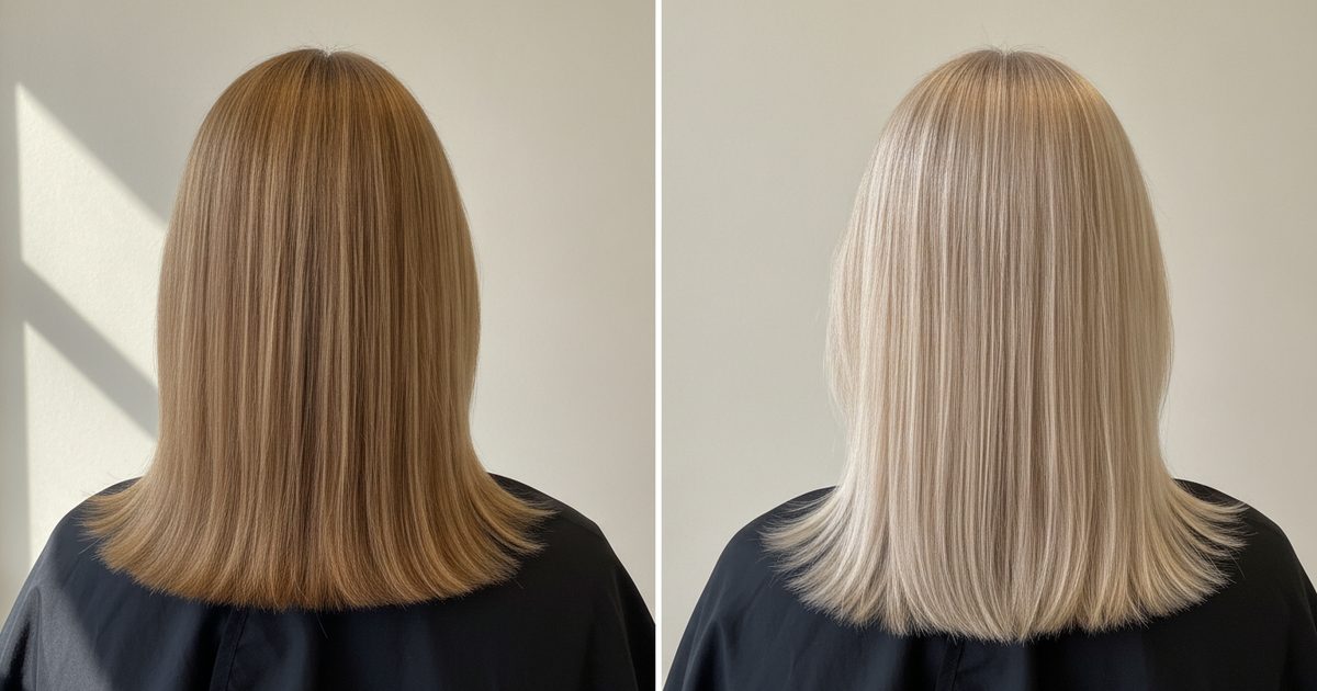 Before and after: dark blonde hair at level 6, then foil highlights lifting it to level 9, very light blonde