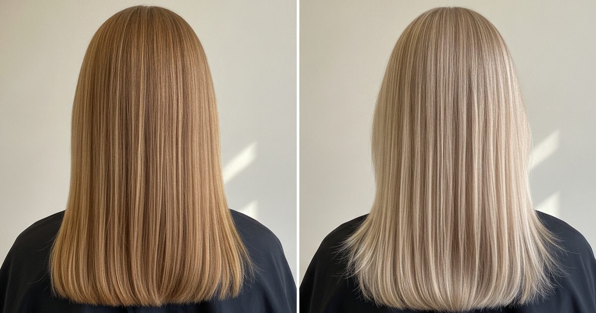 Before and after: medium blonde hair at level 7, then foil highlights lifting it to level 9, very light blonde