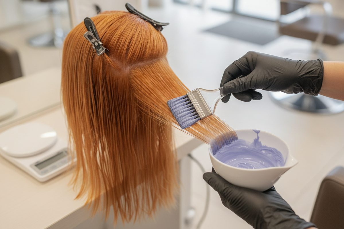 Colorist applying blue-violet toner to damp orange bleached hair in sections