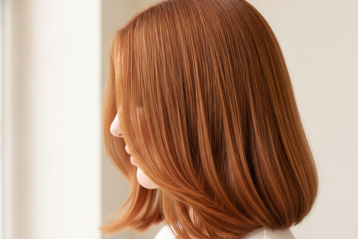 Smooth glossy copper-caramel hair after orange bleach was evened out with a warm demi