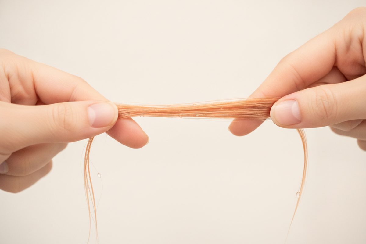 Hands stretching a wet strand of bleached orange hair to test its strength