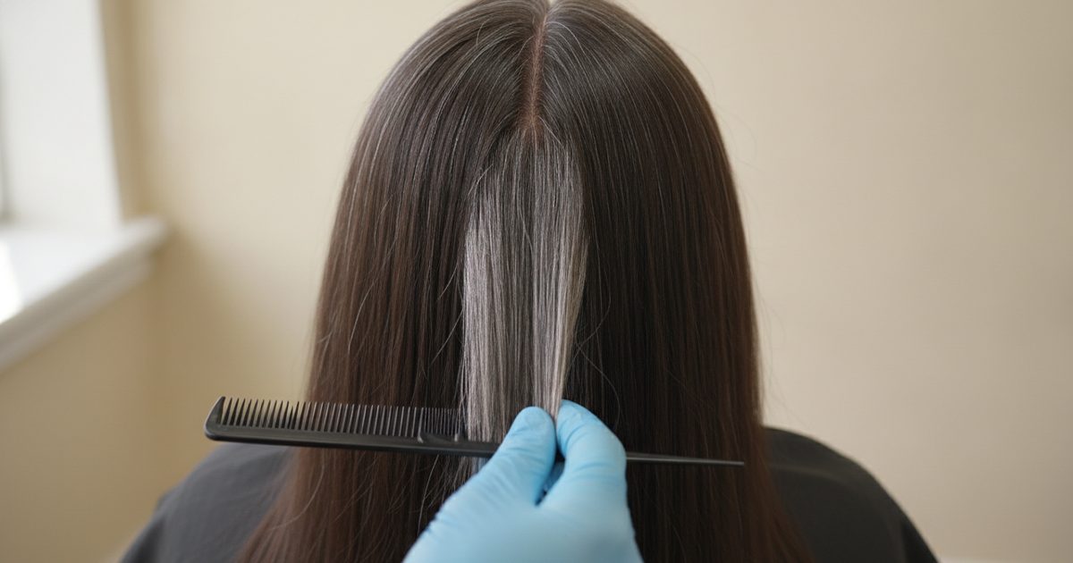 A gloved hand holding a parting open with a comb to see how much of the regrowth is white