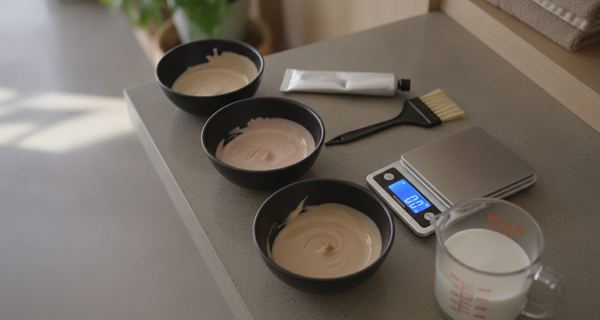Three bowls for three services: a half-inch retouch, a full head on uncolored hair and a whole-head gloss
