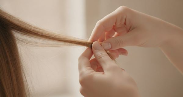 Two fingers slid up a dry strand toward the scalp