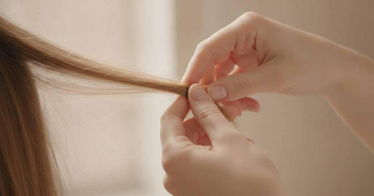 Fingers sliding up a dry strand toward the scalp to feel whether the cuticle catches