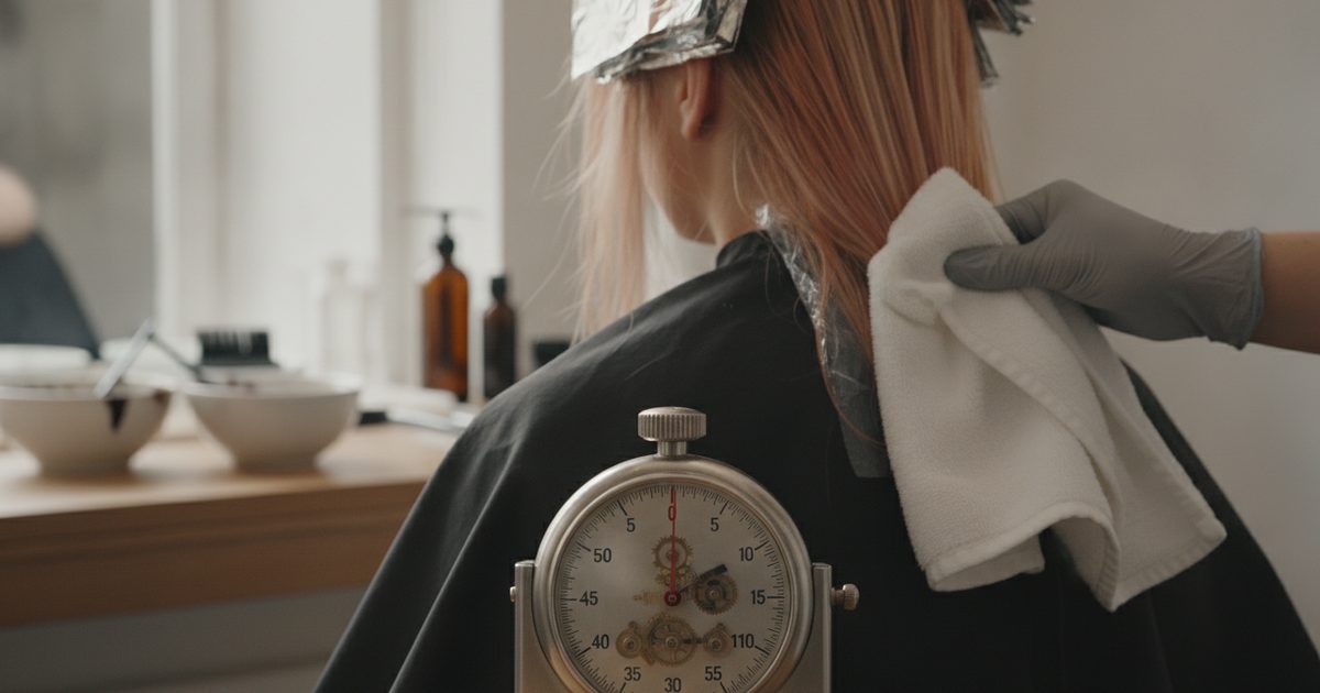 A stopwatch running in front of a foiled head while the color processes